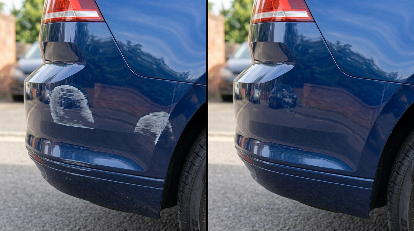 Blau-metallic Lack: Schl&uuml;sselkratzer vorher und nachher